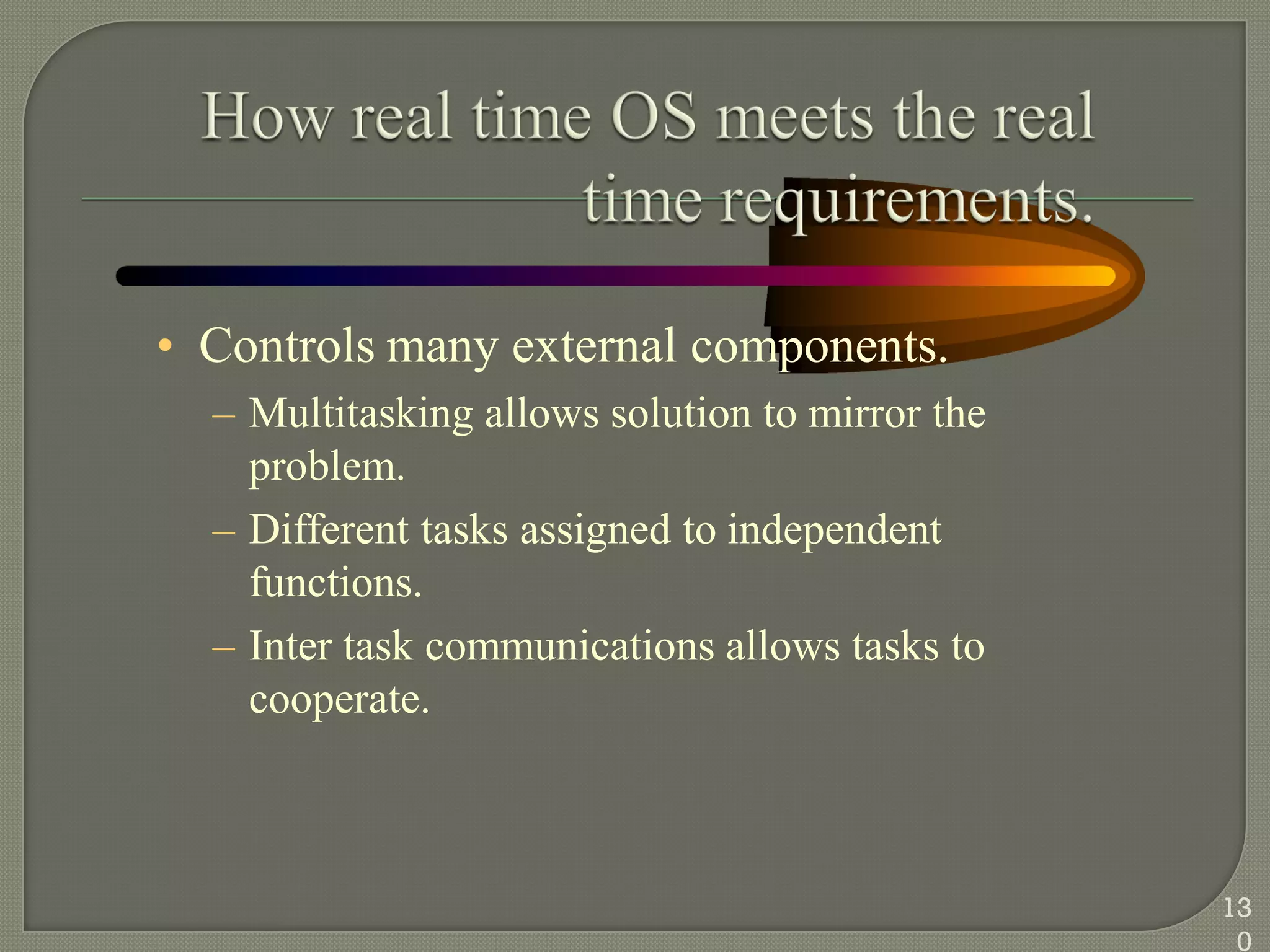 • Controls many external components.
– Multitasking allows solution to mirror the
problem.
– Different tasks assigned to independent
functions.
– Inter task communications allows tasks to
cooperate.
13
0
 
