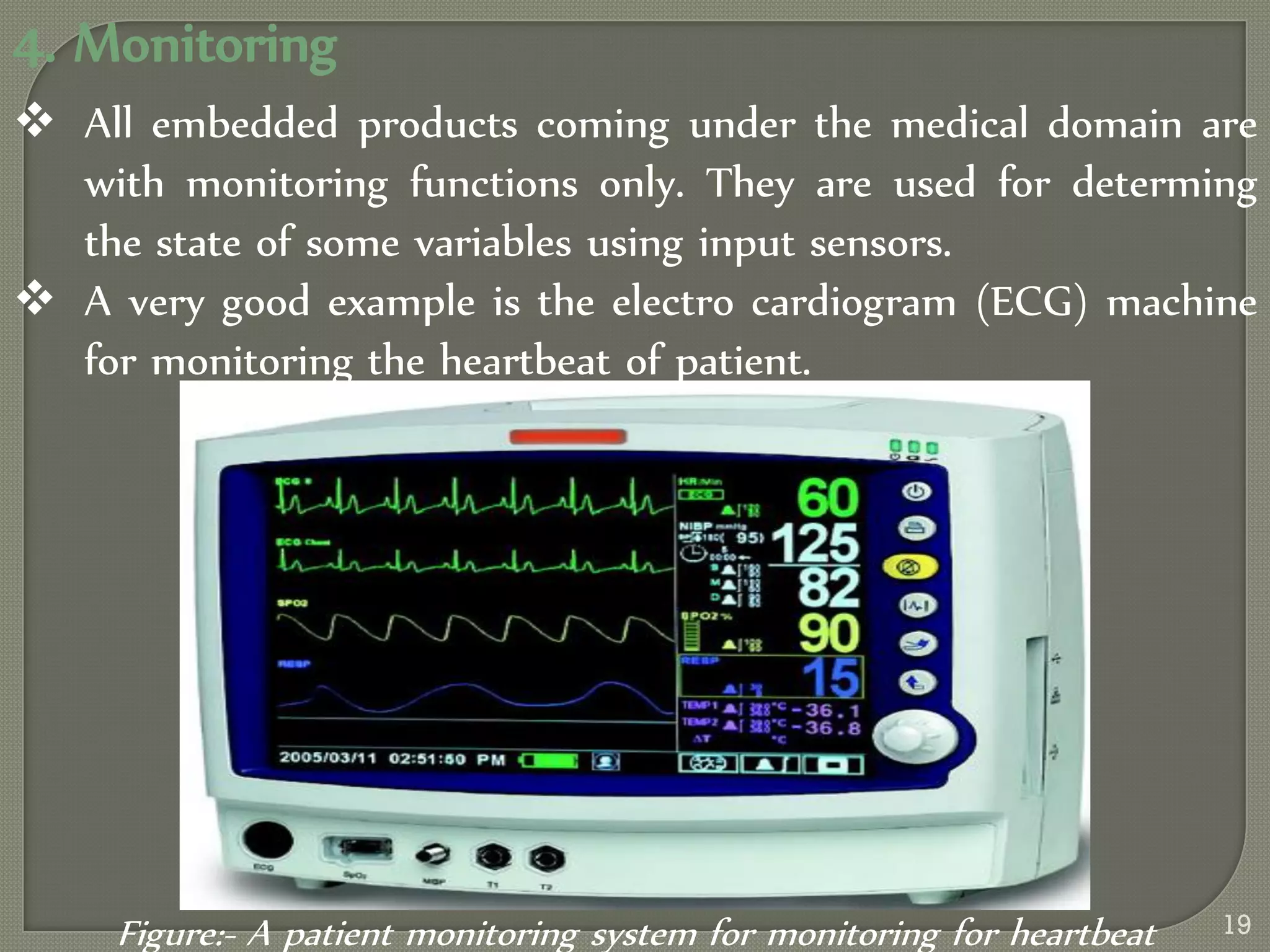 4. Monitoring
 All embedded products coming under the medical domain are
with monitoring functions only. They are used for determing
the state of some variables using input sensors.
 A very good example is the electro cardiogram (ECG) machine
for monitoring the heartbeat of patient.
Figure:- A patient monitoring system for monitoring for heartbeat 19
 