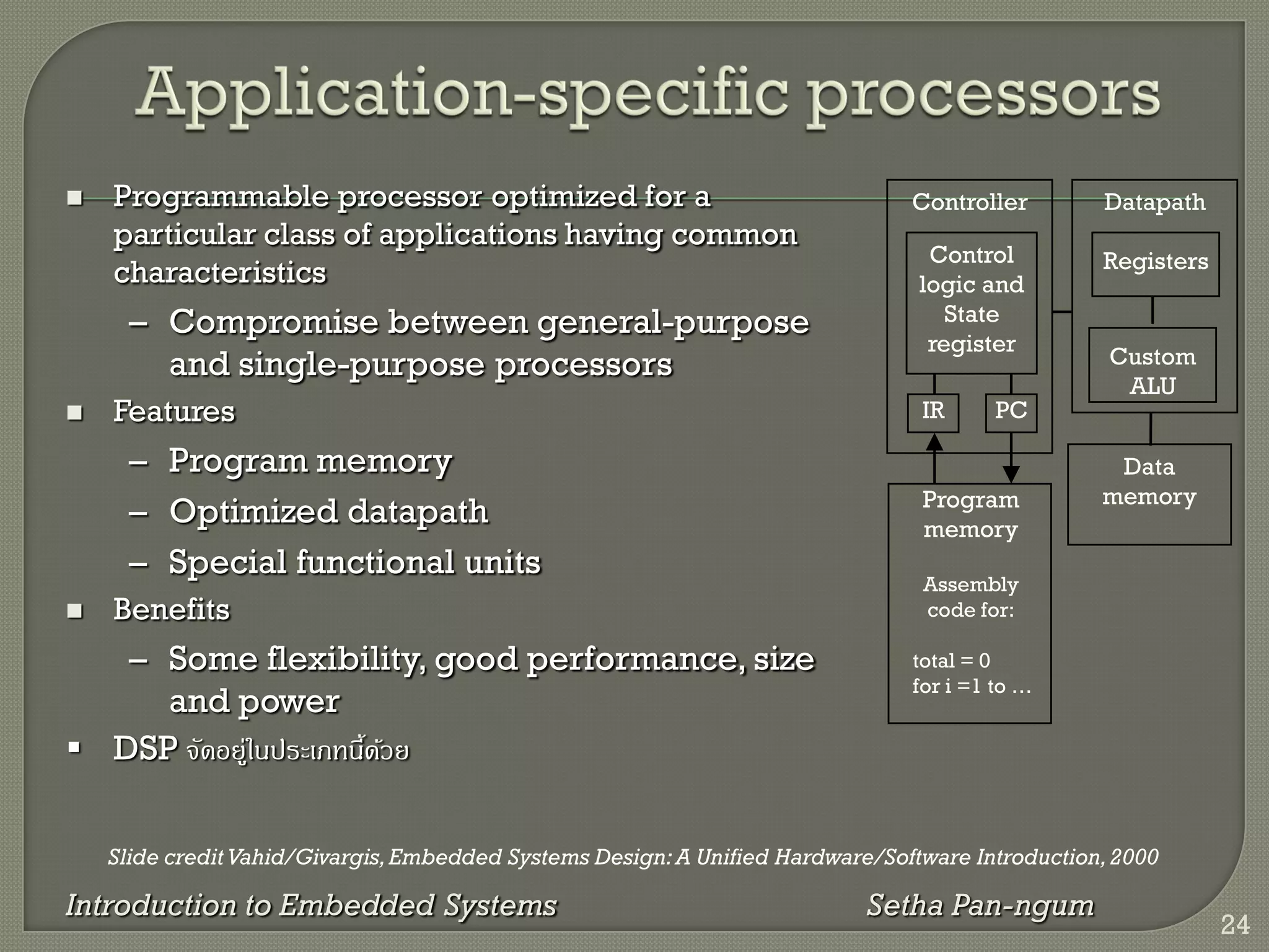 Slide credit Vahid/Givargis,Embedded Systems Design:A Unified Hardware/Software Introduction,2000
Introduction to Embedded Systems Setha Pan-ngum
 Programmable processor optimized for a
particular class of applications having common
characteristics
– Compromise between general-purpose
and single-purpose processors
 Features
– Program memory
– Optimized datapath
– Special functional units
 Benefits
– Some flexibility, good performance, size
and power
 DSP จัดอยู่ในประเภทนี้ด้วย
IR PC
Registers
Custom
ALU
Datapath
Controller
Program
memory
Assembly
code for:
total = 0
for i =1 to …
Control
logic and
State
register
Data
memory
24
 