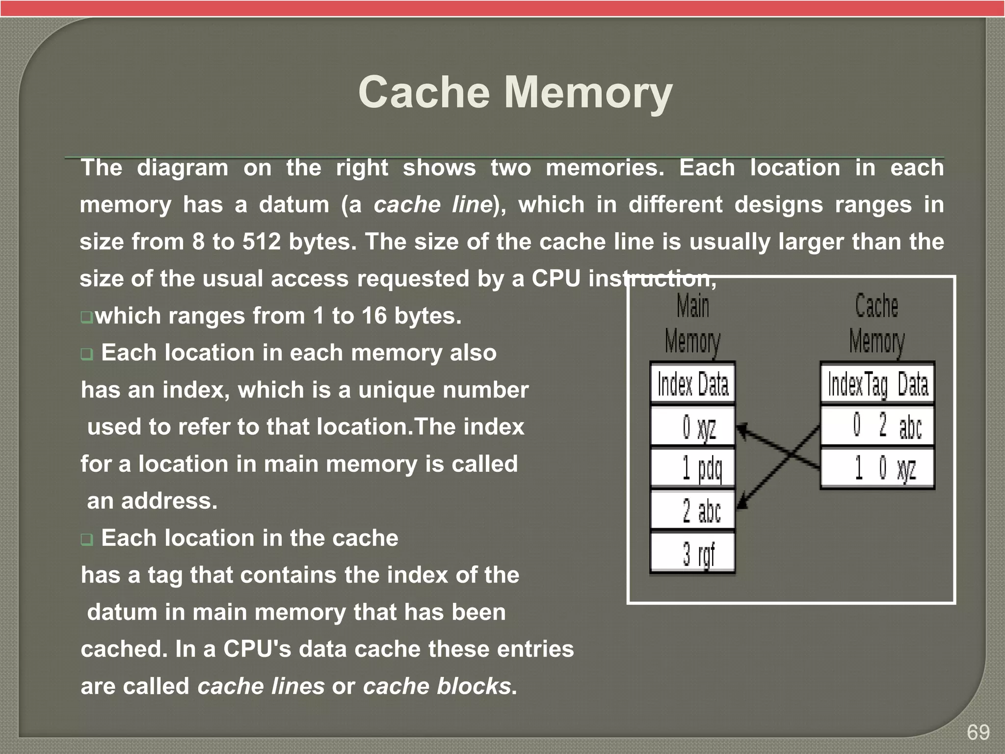 The diagram on the right shows two memories. Each location in each
memory has a datum (a cache line), which in different designs ranges in
size from 8 to 512 bytes. The size of the cache line is usually larger than the
size of the usual access requested by a CPU instruction,
which ranges from 1 to 16 bytes.
 Each location in each memory also
has an index, which is a unique number
used to refer to that location.The index
for a location in main memory is called
an address.
 Each location in the cache
has a tag that contains the index of the
datum in main memory that has been
cached. In a CPU's data cache these entries
are called cache lines or cache blocks.
Cache Memory
69
 