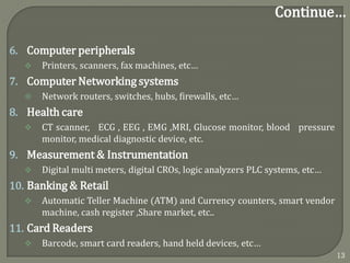 Continue…
6. Computer peripherals
 Printers, scanners, fax machines, etc…
7. Computer Networking systems
 Network routers, switches, hubs, firewalls, etc…
8. Health care
 CT scanner, ECG , EEG , EMG ,MRI, Glucose monitor, blood pressure
monitor, medical diagnostic device, etc.
9. Measurement & Instrumentation
 Digital multi meters, digital CROs, logic analyzers PLC systems, etc…
10. Banking & Retail
 Automatic Teller Machine (ATM) and Currency counters, smart vendor
machine, cash register ,Share market, etc..
11. Card Readers
 Barcode, smart card readers, hand held devices, etc…
13
 