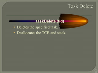 taskDelete (tid)
• Deletes the specified task.
• Deallocates the TCB and stack.
14
2
 