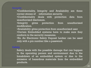 Security
•Confidentiality, Integrity and Availability are three
corner stones of information security.
•Confidentiality deals with protection data from
unauthorized disclosure.
•Integrity gives protection from unauthorized
modification.
•Availability gives protection from unauthorized user
•Certain Embedded systems have to make sure they
conform to the security measures.
•Ex. An Electronic Safety Deposit Locker can be used
only with a pin number like a password.
Safety
Safety deals with the possible damage that can happen
to the operating person and environment due to the
breakdown of an embedded system or due to the
emission of hazardous materials from the embedded
products.
29
 