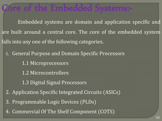 Core of the Embedded Systems:-
Embedded systems are domain and application specific and
are built around a central core. The core of the embedded system
falls into any one of the following categories.
1. General Purpose and Domain Specific Processors
1.1 Microprocessors
1.2 Microcontrollers
1.3 Digital Signal Processors
2. Application Specific Integrated Circuits (ASICs)
3. Programmable Logic Devices (PLDs)
4. Commercial Of The Shelf Component (COTS)
33
 