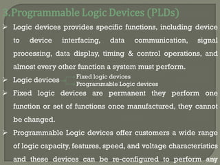 3.Programmable Logic Devices (PLDs)
 Logic devices provides specific functions, including device
to device interfacing, data communication, signal
processing, data display, timing & control operations, and
almost every other function a system must perform.
 Logic devices
 Fixed logic devices are permanent they perform one
function or set of functions once manufactured, they cannot
be changed.
 Programmable Logic devices offer customers a wide range
of logic capacity, features, speed, and voltage characteristics
and these devices can be re-configured to perform any
Fixed logic devices
Programmable Logic devices
36
 