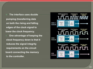  The interface uses double
pumping (transferring data
on both the rising and falling
edges of the clock signal to
lower the clock frequency.
 One advantage of keeping the
clock frequency down is that it
reduces the signal integrity
requirements on the circuit
board connecting the memory
to the controller.
60
 