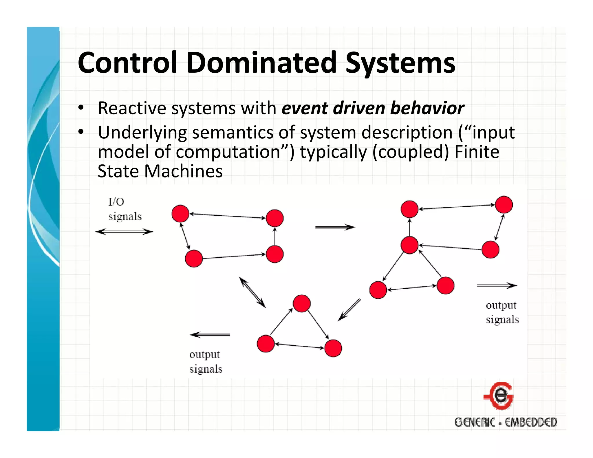 Control Dominated Systems
• Reactive systems with event driven behavior
• Underlying semantics of system description (“input 
  model of computation”) typically (coupled) Finite 
  State Machines
 