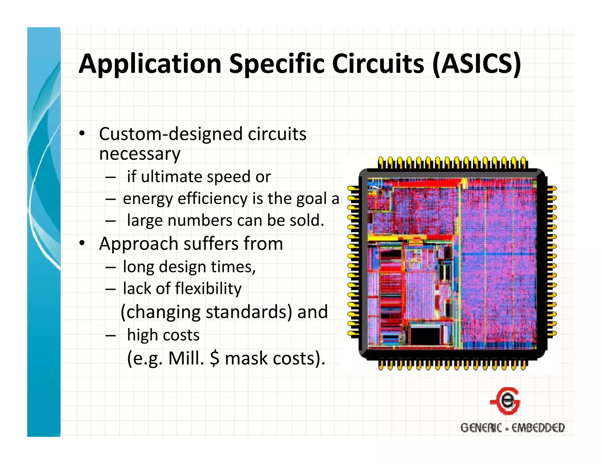Application Specific Circuits (ASICS)

• Custom‐designed circuits 
  necessary
   – if ultimate speed or
   – energy efficiency is the goal and
     energy efficiency is the goal and
   – large numbers can be sold.
• Approach suffers from
   –llong design times,
          d i      i
   – lack of flexibility
     (
     (changing standards) and
          g g           )
   – high costs
     (e.g. Mill. $ mask costs).
 