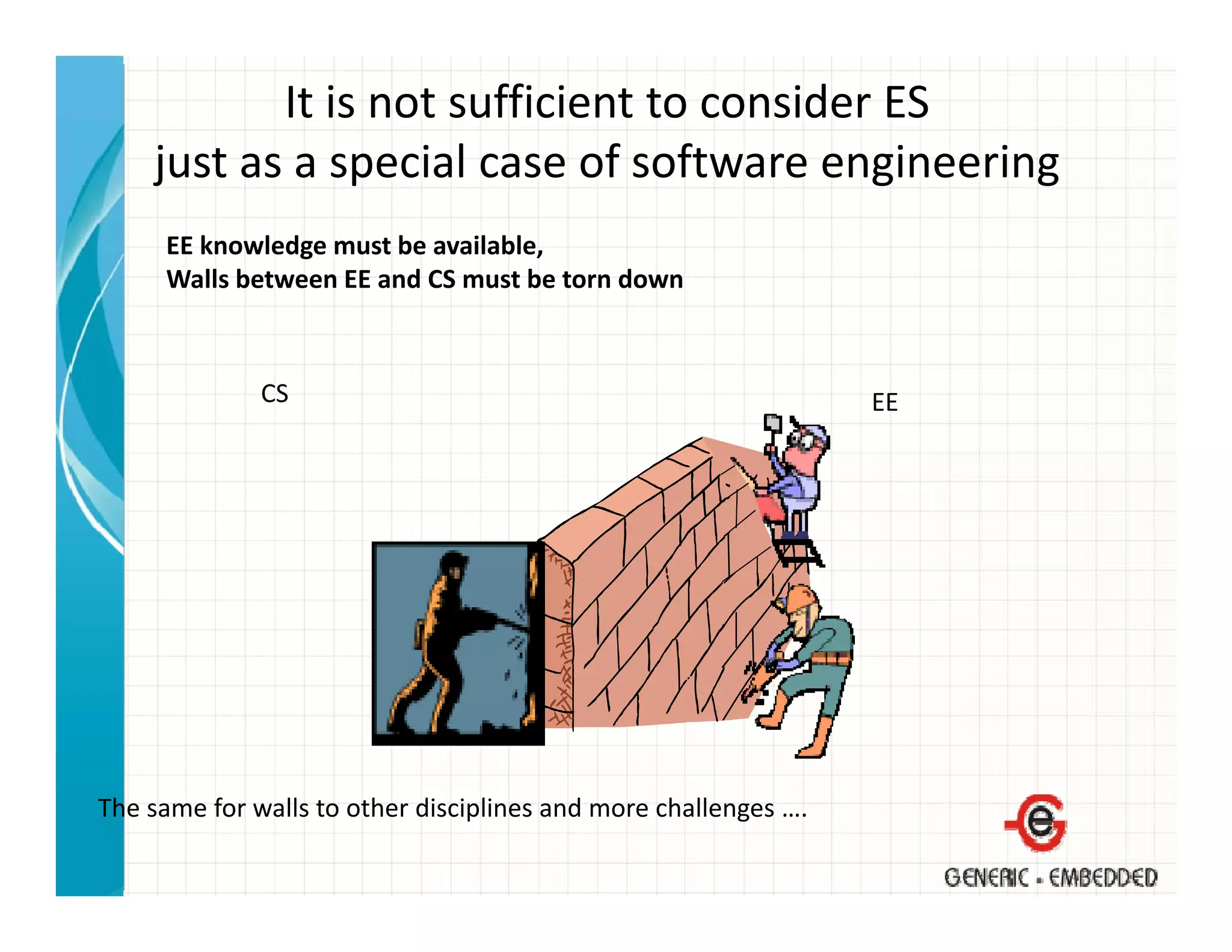 It is not sufficient to consider ES
    just as a special case of software engineering
    just as a special case of software engineering
     EE knowledge must be available,
     Walls between EE and CS must be torn down



              CS                                                 EE




The same for walls to other disciplines and more challenges ….
 