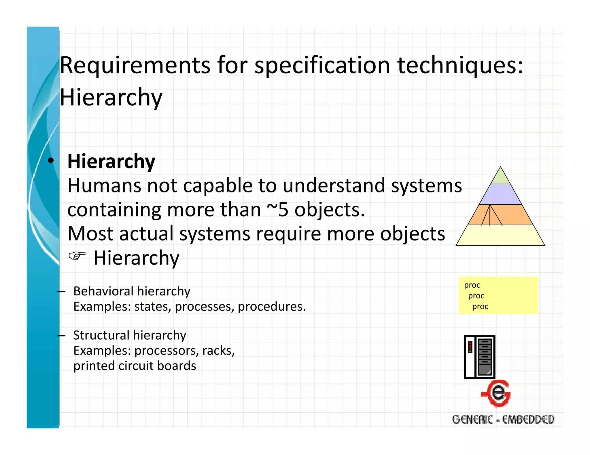 Requirements for specification techniques:
 Hierarchy

• Hierarchy
  Humans not capable to understand systems
  containing more than ~5 objects.
  Most actual systems require more objects
     Hierarchy
                                              proc
 – Behavioral hierarchy                        proc
   Examples: states, processes, procedures.     proc


 – Structural hierarchy
   Examples: processors, racks,
   p
   printed circuit boards
 