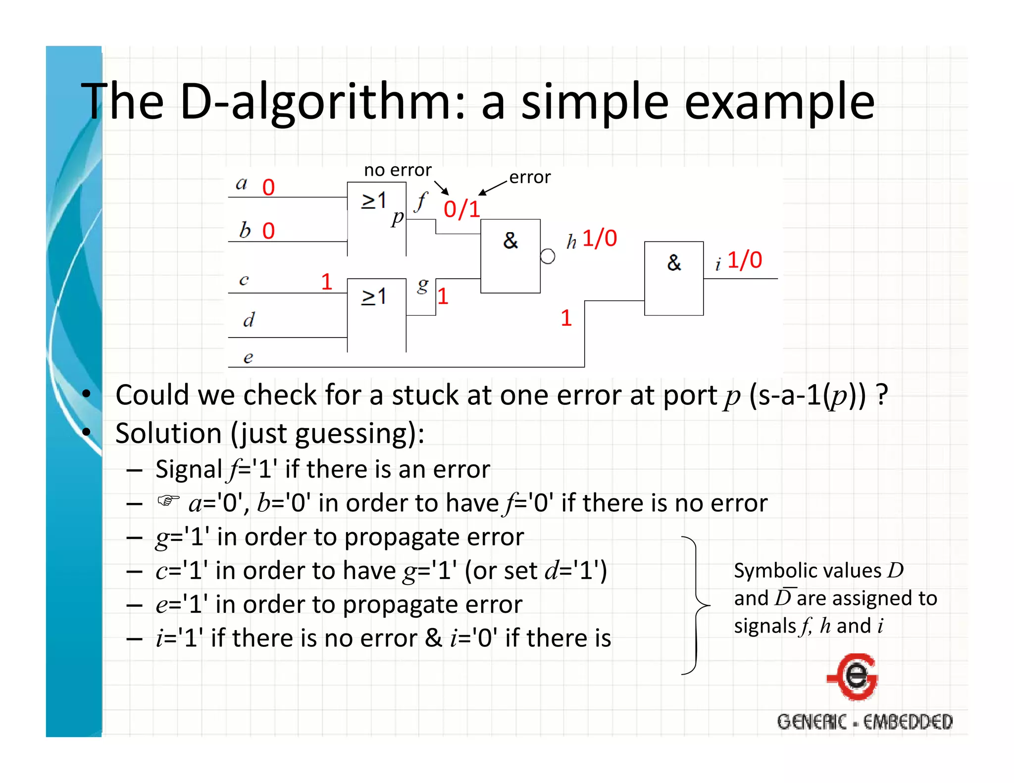 The D‐algorithm: a simple example
                           no error          error
                 0
                              p       0 /1
                 0                                       1/0
                                                               1/0
                       1
                                      1
                                                     1


• Could we check for a stuck at one error at port p (s‐a‐1(p)) ?
• Solution (just guessing):
  Solution (just guessing):
   –   Signal f='1' if there is an error
   –      a='0', b='0' in order to have f='0' if there is no error
   –   g= 1 in order to propagate error
       g='1' in order to propagate error
   –   c='1' in order to have g='1' (or set d='1')             Symbolic values D
   –   e='1' in order to propagate error                       and D are assigned to 
                                                               signals f, h and i
   –   i= 1 if there is no error & i='0' if there is
       i='1' if there is no error & i= 0  if there is
 