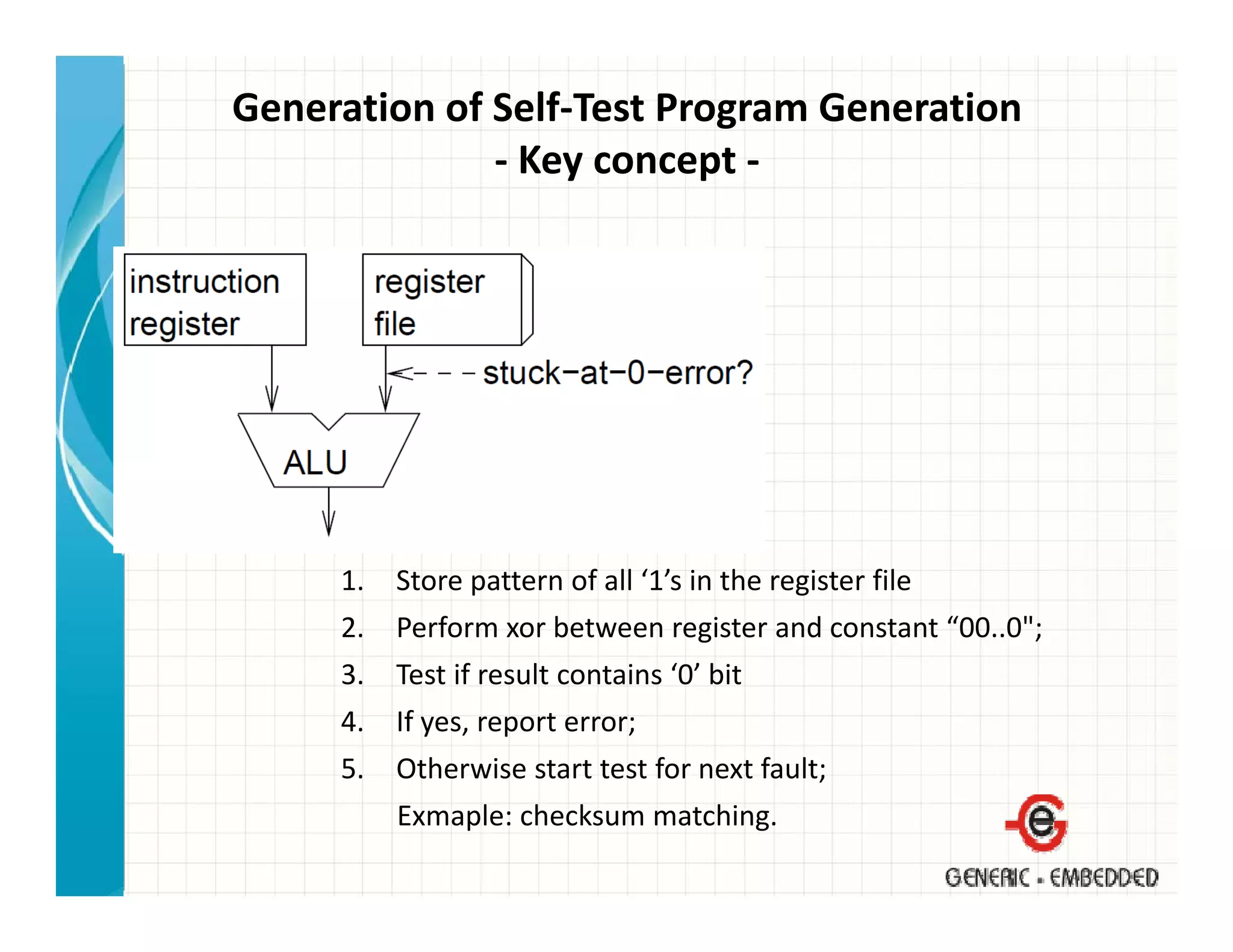Generation of Self‐Test Program Generation
              ‐ Key concept ‐
                  y       p




     1.   Store pattern of all ‘1’s in the register file
     2.   Perform xor between register and constant “00..0";
     3.   Test if result contains ‘0’ bit
     4.   If yes, report error;
     5.   Otherwise start test for next fault;
          Otherwise start test for next fault;
          Exmaple: checksum matching.
 