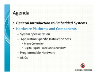Agenda
• General Introduction to Embedded Systems
  General Introduction to Embedded Systems
• Hardware Platforms and Components
  –S t
    System Specialization
           S i li ti
  – Application Specific Instruction Sets
     • Mi
       Micro Controller
             C       ll
     • Digital Signal Processors and VLIW
  – Programmable Hardware
    Programmable Hardware
  – ASICs
 