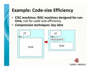 Example: Code‐size Efficiency
• CISC machines: RISC machines designed for run‐
  time, not for code size efficiency.
  time, not for code‐size‐efficiency.
• Compression techniques: key idea
 