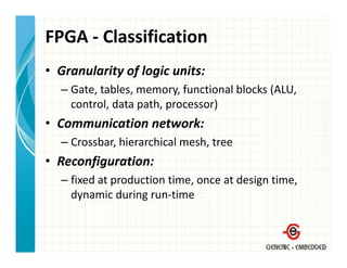 FPGA ‐ Classification
• Granularity of logic units:
  – Gate, tables, memory, functional blocks (ALU, 
    control, data path, processor)
• Communication network:
  – Crossbar, hierarchical mesh, tree
• Reconfiguration:
  – fixed at production time, once at design time, 
             p              ,             g      ,
    dynamic during run‐time
 