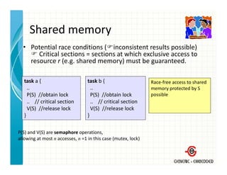 Shared memory
     Shared memory
  • Potential race conditions ( inconsistent results possible)
       Critical sections = sections at which exclusive access to 
       Critical sections = sections at which exclusive access to
    resource r (e.g. shared memory) must be guaranteed.

   task a {                       task b {                      Race‐free access to shared 
     ..                             ..                          memory protected by S 
     P(S)  //obtain lock            P(S)  //obtain lock         possible
     ..    // critical section      ..    // critical section
     V(S)  //release lock           V(S)  //release lock
   }                              }

P(S) and V(S) are semaphore operations,
allowing at most n accesses, n =1 in this case (mutex, lock)
 