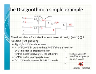 The D‐algorithm: a simple example
                           no error          error
                 0
                              p       0 /1
                 0                                       1/0
                                                               1/0
                       1
                                      1
                                                     1


• Could we check for a stuck at one error at port p (s‐a‐1(p)) ?
• Solution (just guessing):
  Solution (just guessing):
   –   Signal f='1' if there is an error
   –      a='0', b='0' in order to have f='0' if there is no error
   –   g= 1 in order to propagate error
       g='1' in order to propagate error
   –   c='1' in order to have g='1' (or set d='1')             Symbolic values D
   –   e='1' in order to propagate error                       and D are assigned to 
                                                               signals f, h and i
   –   i= 1 if there is no error & i='0' if there is
       i='1' if there is no error & i= 0  if there is
 