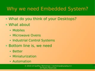 13© 2010-15 SysPlay Workshops <workshop@sysplay.in>
All Rights Reserved.
Trends in ES Development
Processors
Memory
Operating Systems
Programming Languages
Development Tools
 