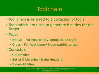 19© 2010-15 SysPlay Workshops <workshop@sysplay.in>
All Rights Reserved.
Bootloaders
Software to bootstrap / boot up the final software
May have multiple stages
Nowadays, the 0th stage into the SoCs
But need to have the remaining stages
Boards from vendors, typically have them
But if you are the vendor, you will have to put it
Nowadays, OSS Bootloaders are pretty common
 