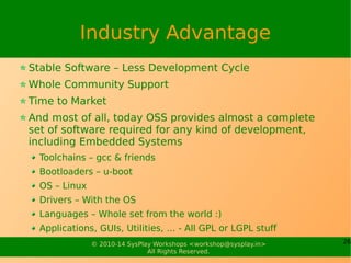 26© 2010-15 SysPlay Workshops <workshop@sysplay.in>
All Rights Reserved.
Role of OSS in ES
 