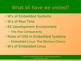 34© 2010-15 SysPlay Workshops <workshop@sysplay.in>
All Rights Reserved.
To Summarize
With all the insights, in most* ES requirements
Embedded Linux is the obvious choice
And, we have the following choices to make
Which bootloader & version to use? (Architecture)
Which kernel version to use? (Driver & Debugging support)
Which toolchain version to use? (Kernel used)
Which libraries to use? (Feature vs Space trade off)
Which applications & versions to use? (Feature requirement)
Which (root) file system to use? (Data requirement)
Which development environment to use? (Productivity)
Support and Training Sources to decide (Productivity)
 