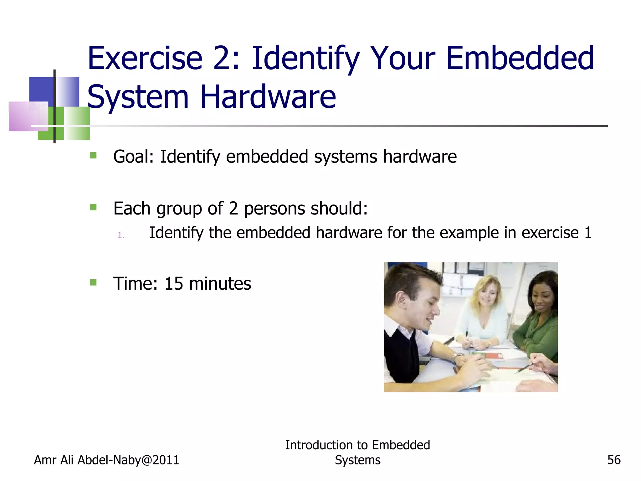 Exercise 2: Identify Your Embedded System Hardware Goal: Identify embedded systems hardware Each group of 2 persons should:  Identify the embedded hardware for the example in exercise 1 Time: 15 minutes Amr Ali Abdel-Naby@2011 Introduction to Embedded Systems 