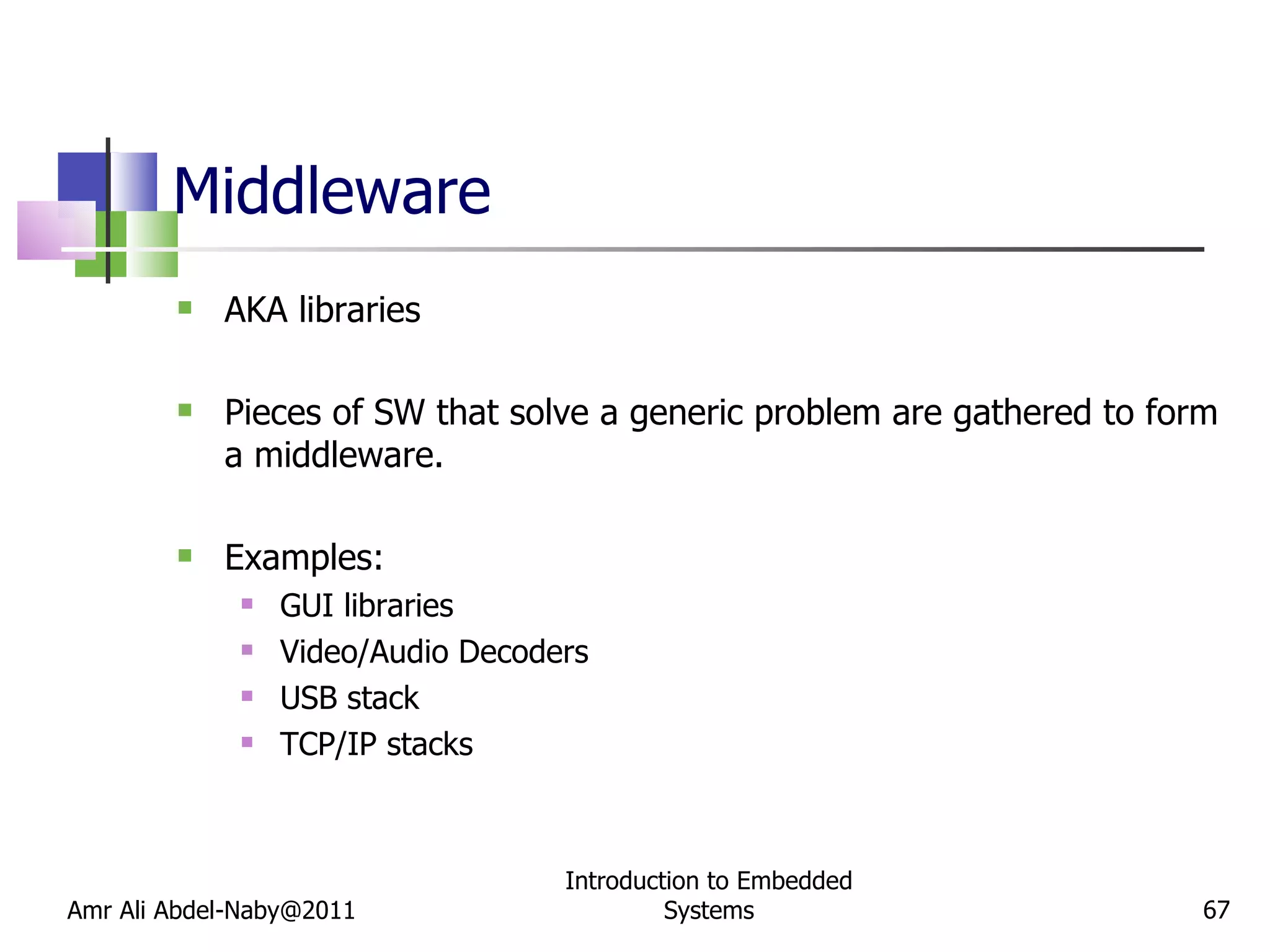 Middleware AKA libraries Pieces of SW that solve a generic problem are gathered to form a middleware. Examples: GUI libraries Video/Audio Decoders USB stack TCP/IP stacks Amr Ali Abdel-Naby@2011 Introduction to Embedded Systems 