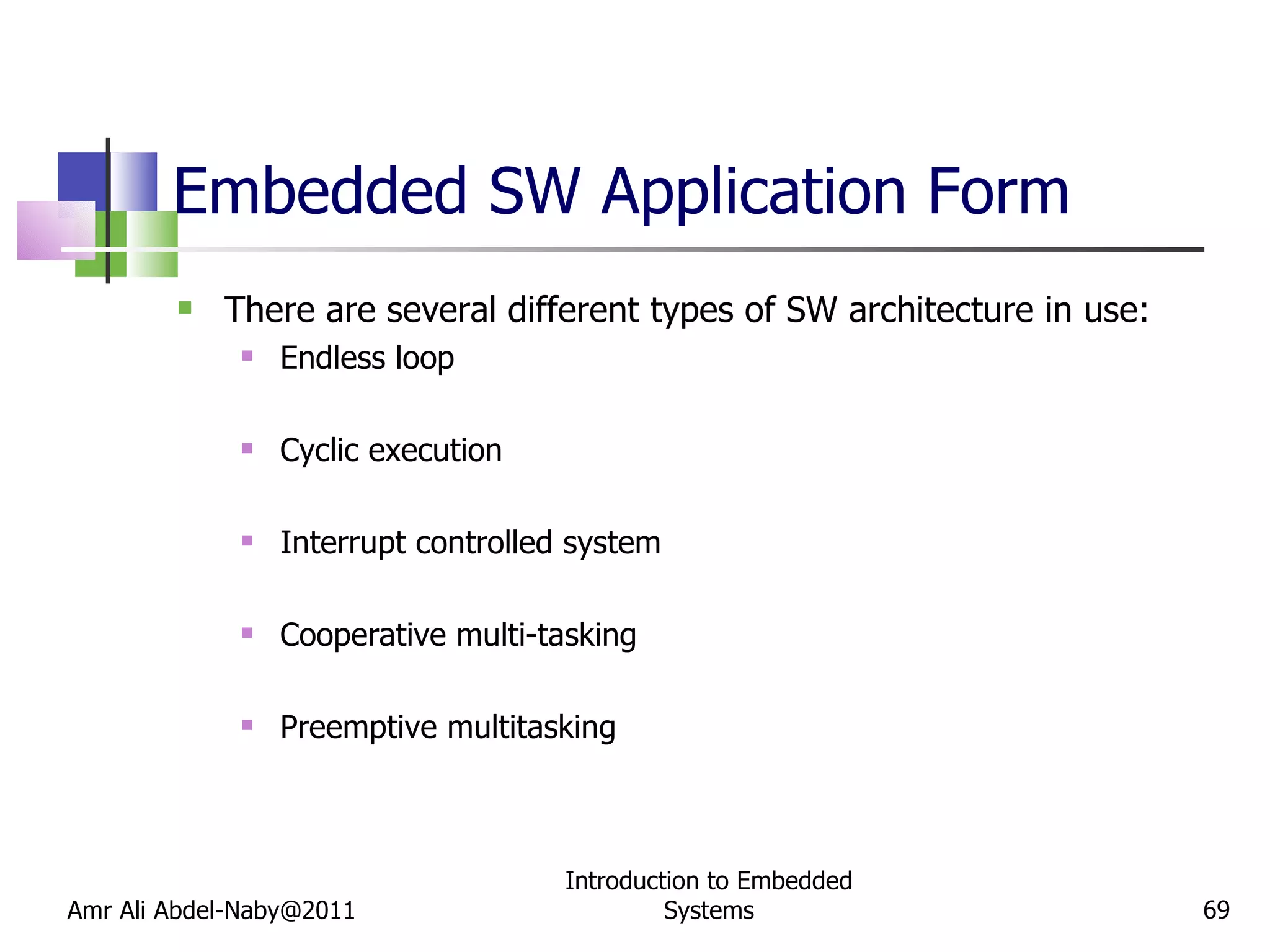 Embedded SW Application Form There are several different types of SW architecture in use: Endless loop Cyclic execution Interrupt controlled system Cooperative multi-tasking Preemptive multitasking Amr Ali Abdel-Naby@2011 Introduction to Embedded Systems 