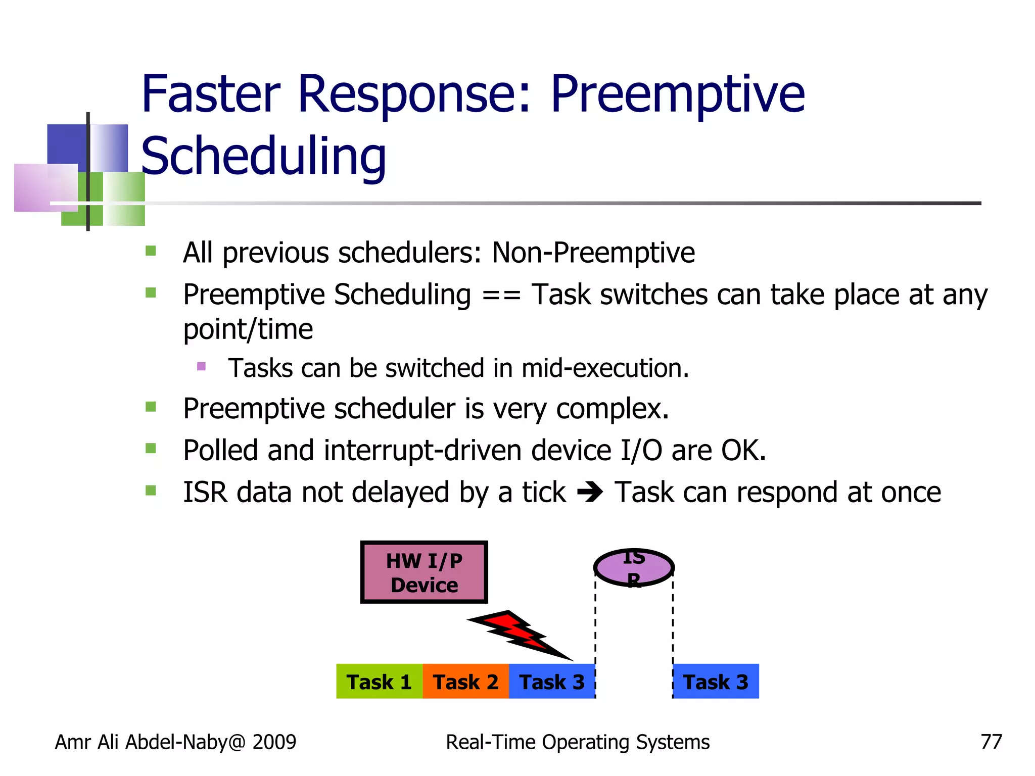 Faster Response: Preemptive Scheduling All previous schedulers: Non-Preemptive Preemptive Scheduling == Task switches can take place at any point/time Tasks can be switched in mid-execution. Preemptive scheduler is very complex. Polled and interrupt-driven device I/O are OK. ISR data not delayed by a tick    Task can respond at once Amr Ali Abdel-Naby@ 2009 Real-Time Operating Systems Task 1 Task 2 Task 3 HW I/P Device ISR Task 3 
