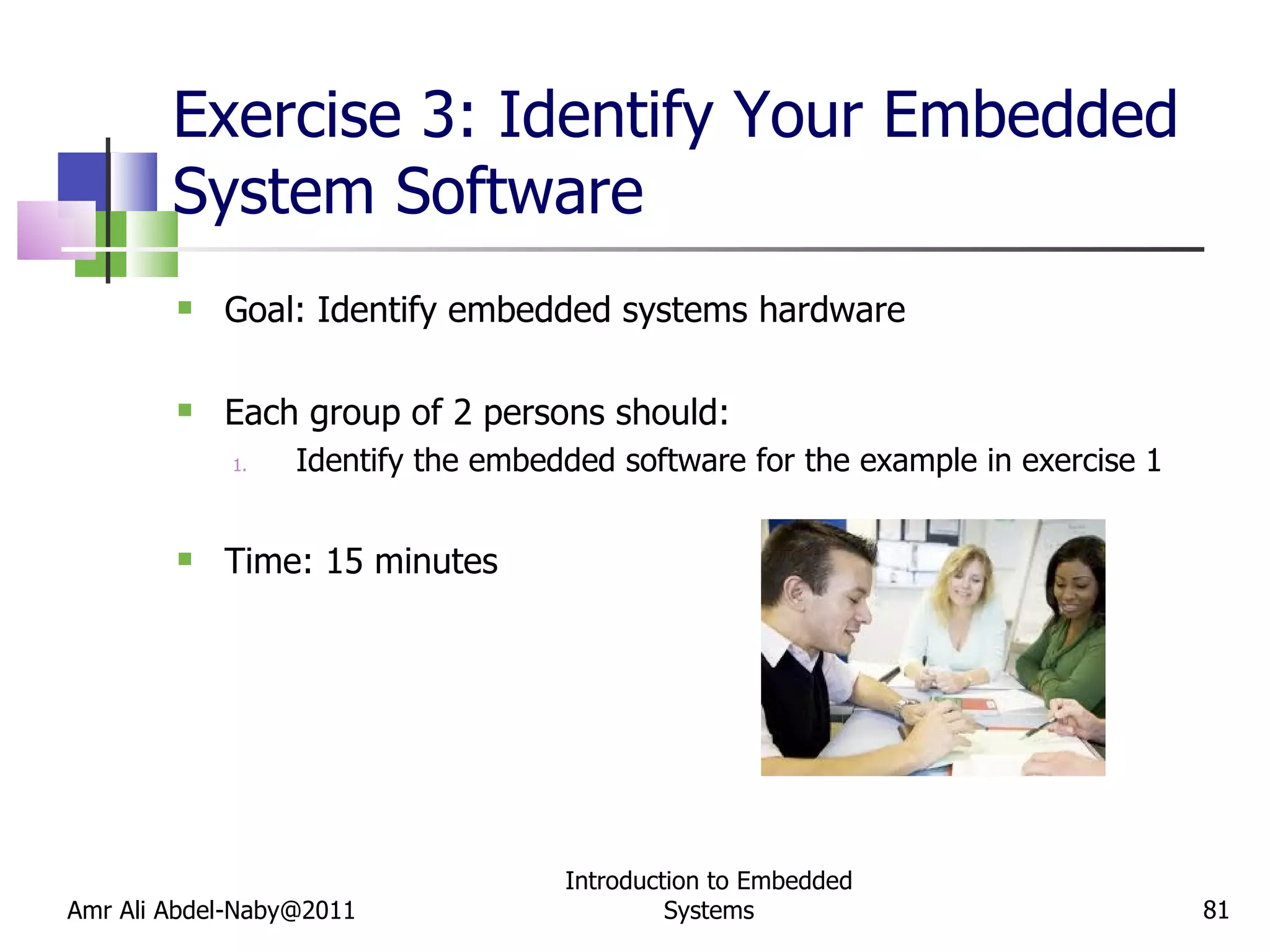 Exercise 3: Identify Your Embedded System Software Goal: Identify embedded systems hardware Each group of 2 persons should:  Identify the embedded software for the example in exercise 1 Time: 15 minutes Amr Ali Abdel-Naby@2011 Introduction to Embedded Systems 
