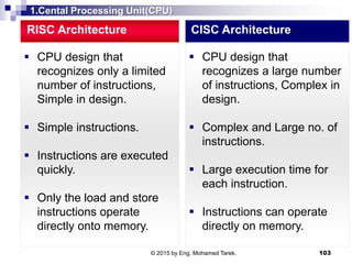 1.Cental Processing Unit(CPU)
 CPU design that
recognizes a large number
of instructions, Complex in
design.
 Complex and Large no. of
instructions.
 Large execution time for
each instruction.
 Instructions can operate
directly on memory.
CISC Architecture
 CPU design that
recognizes only a limited
number of instructions,
Simple in design.
 Simple instructions.
 Instructions are executed
quickly.
 Only the load and store
instructions operate
directly onto memory.
RISC Architecture
103© 2015 by Eng. Mohamed Tarek.
 