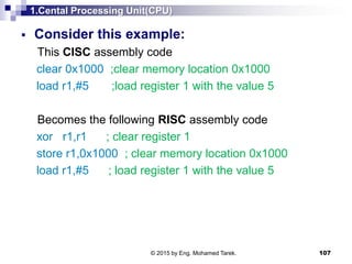 1.Cental Processing Unit(CPU)
 Consider this example:
This CISC assembly code
clear 0x1000 ;clear memory location 0x1000
load r1,#5 ;load register 1 with the value 5
Becomes the following RISC assembly code
xor r1,r1 ; clear register 1
store r1,0x1000 ; clear memory location 0x1000
load r1,#5 ; load register 1 with the value 5
107© 2015 by Eng. Mohamed Tarek.
 
