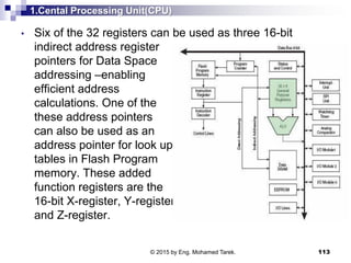 1.Cental Processing Unit(CPU)
• Six of the 32 registers can be used as three 16-bit
indirect address register
pointers for Data Space
addressing –enabling
efficient address
calculations. One of the
these address pointers
can also be used as an
address pointer for look up
tables in Flash Program
memory. These added
function registers are the
16-bit X-register, Y-register
and Z-register.
113© 2015 by Eng. Mohamed Tarek.
 