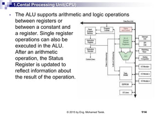 1.Cental Processing Unit(CPU)
• The ALU supports arithmetic and logic operations
between registers or
between a constant and
a register. Single register
operations can also be
executed in the ALU.
After an arithmetic
operation, the Status
Register is updated to
reflect information about
the result of the operation.
114© 2015 by Eng. Mohamed Tarek.
 
