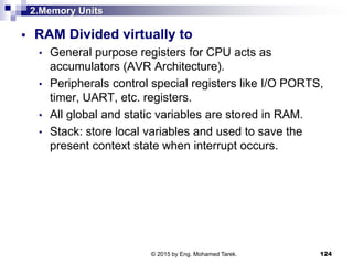 2.Memory Units
 RAM Divided virtually to
• General purpose registers for CPU acts as
accumulators (AVR Architecture).
• Peripherals control special registers like I/O PORTS,
timer, UART, etc. registers.
• All global and static variables are stored in RAM.
• Stack: store local variables and used to save the
present context state when interrupt occurs.
124© 2015 by Eng. Mohamed Tarek.
 