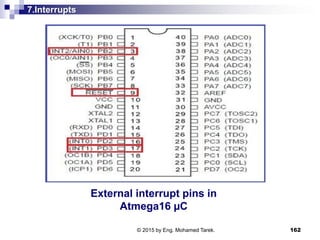 7.Interrupts
External interrupt pins in
Atmega16 µC
162© 2015 by Eng. Mohamed Tarek.
 