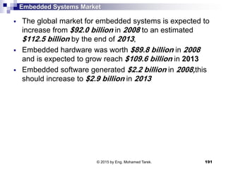 Embedded Systems Market
 The global market for embedded systems is expected to
increase from $92.0 billion in 2008 to an estimated
$112.5 billion by the end of 2013,
 Embedded hardware was worth $89.8 billion in 2008
and is expected to grow reach $109.6 billion in 2013
 Embedded software generated $2.2 billion in 2008,this
should increase to $2.9 billion in 2013
191© 2015 by Eng. Mohamed Tarek.
 