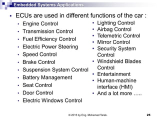 Embedded Systems Applications
 ECUs are used in different functions of the car :
• Engine Control
• Transmission Control
• Fuel Efficiency Control
• Electric Power Steering
• Speed Control
• Brake Control
• Suspension System Control
• Battery Management
• Seat Control
• Door Control
• Electric Windows Control
© 2015 by Eng. Mohamed Tarek. 25
• Lighting Control
• Airbag Control
• Telemetric Control
• Mirror Control
• Security System
Control
• Windshield Blades
Control
• Entertainment
• Human-machine
interface (HMI)
• And a lot more …..
 