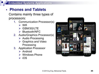 Embedded Systems Applications
 Phones and Tablets
26
Contains mainly three types of
processors:
1. Communication Processor(s)
 Wifi
 GSM/3G/LTE
 Bluetooth/NFC
2. Audio/Graphics Processor(s)
 Audio Processing
 Graphics and Video
Processing
3. Application Processor
 Android
 Windows Phone
 iOS
© 2015 by Eng. Mohamed Tarek.
 