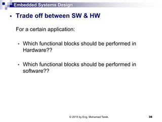 Embedded Systems Design
 Trade off between SW & HW
For a certain application:
• Which functional blocks should be performed in
Hardware??
• Which functional blocks should be performed in
software??
38© 2015 by Eng. Mohamed Tarek.
 