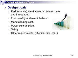 Embedded Systems Design
 Design goals
• Performance(overall speed execution time
and throughput).
• Functionality and user interface.
• Manufacturing cost.
• Power consumption.
• Safety.
• Other requirements. (physical size, etc. )
45© 2015 by Eng. Mohamed Tarek.
 