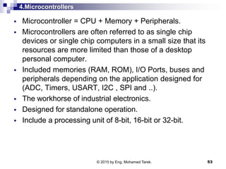 4.Microcontrollers
 Microcontroller = CPU + Memory + Peripherals.
 Microcontrollers are often referred to as single chip
devices or single chip computers in a small size that its
resources are more limited than those of a desktop
personal computer.
 Included memories (RAM, ROM), I/O Ports, buses and
peripherals depending on the application designed for
(ADC, Timers, USART, I2C , SPI and ..).
 The workhorse of industrial electronics.
 Designed for standalone operation.
 Include a processing unit of 8-bit, 16-bit or 32-bit.
53© 2015 by Eng. Mohamed Tarek.
 