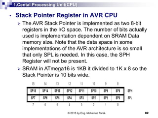1.Cental Processing Unit(CPU)
• Stack Pointer Register in AVR CPU
 The AVR Stack Pointer is implemented as two 8-bit
registers in the I/O space. The number of bits actually
used is implementation dependent on SRAM Data
memory size. Note that the data space in some
implementations of the AVR architecture is so small
that only SPL is needed. In this case, the SPH
Register will not be present.
 SRAM in ATmega16 is 1KB it divided to 1K x 8 so the
Stack Pointer is 10 bits wide.
82© 2015 by Eng. Mohamed Tarek.
 