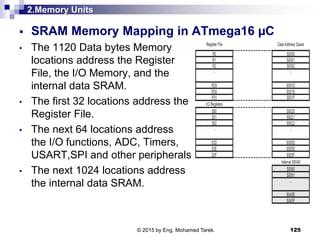 2.Memory Units
125
 SRAM Memory Mapping in ATmega16 µC
• The 1120 Data bytes Memory
locations address the Register
File, ...