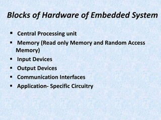 Blocks of Hardware of Embedded System
 Central Processing unit
 Memory (Read only Memory and Random Access
Memory)
 Input Devices
 Output Devices
 Communication Interfaces
 Application- Specific Circuitry
 