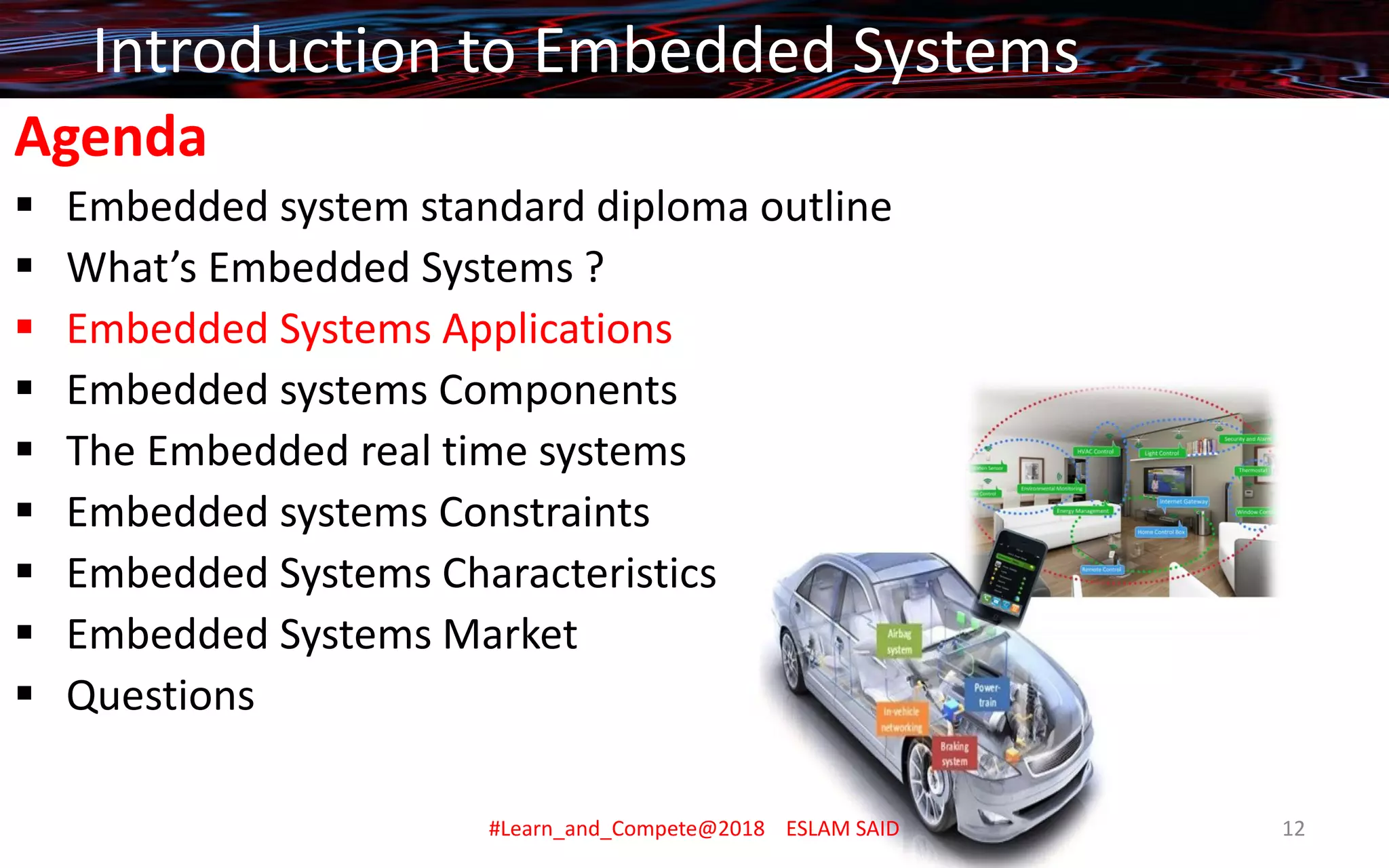 Agenda
▪ Embedded system standard diploma outline
▪ What’s Embedded Systems ?
▪ Embedded Systems Applications
▪ Embedded systems Components
▪ The Embedded real time systems
▪ Embedded systems Constraints
▪ Embedded Systems Characteristics
▪ Embedded Systems Market
▪ Questions
Introduction to Embedded Systems
#Learn_and_Compete@2018 ESLAM SAID 12
 