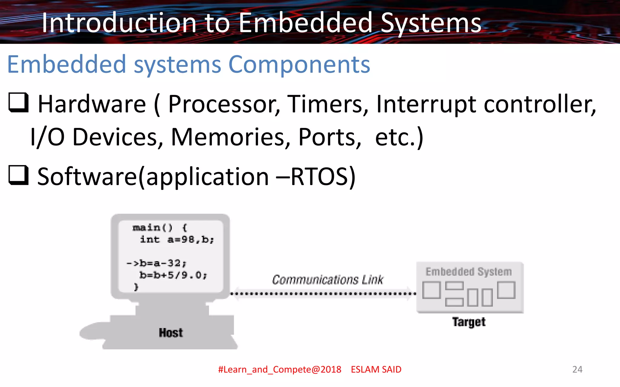 Embedded systems Components
❑ Hardware ( Processor, Timers, Interrupt controller,
I/O Devices, Memories, Ports, etc.)
❑ Software(application –RTOS)
Introduction to Embedded Systems
#Learn_and_Compete@2018 ESLAM SAID 24
 