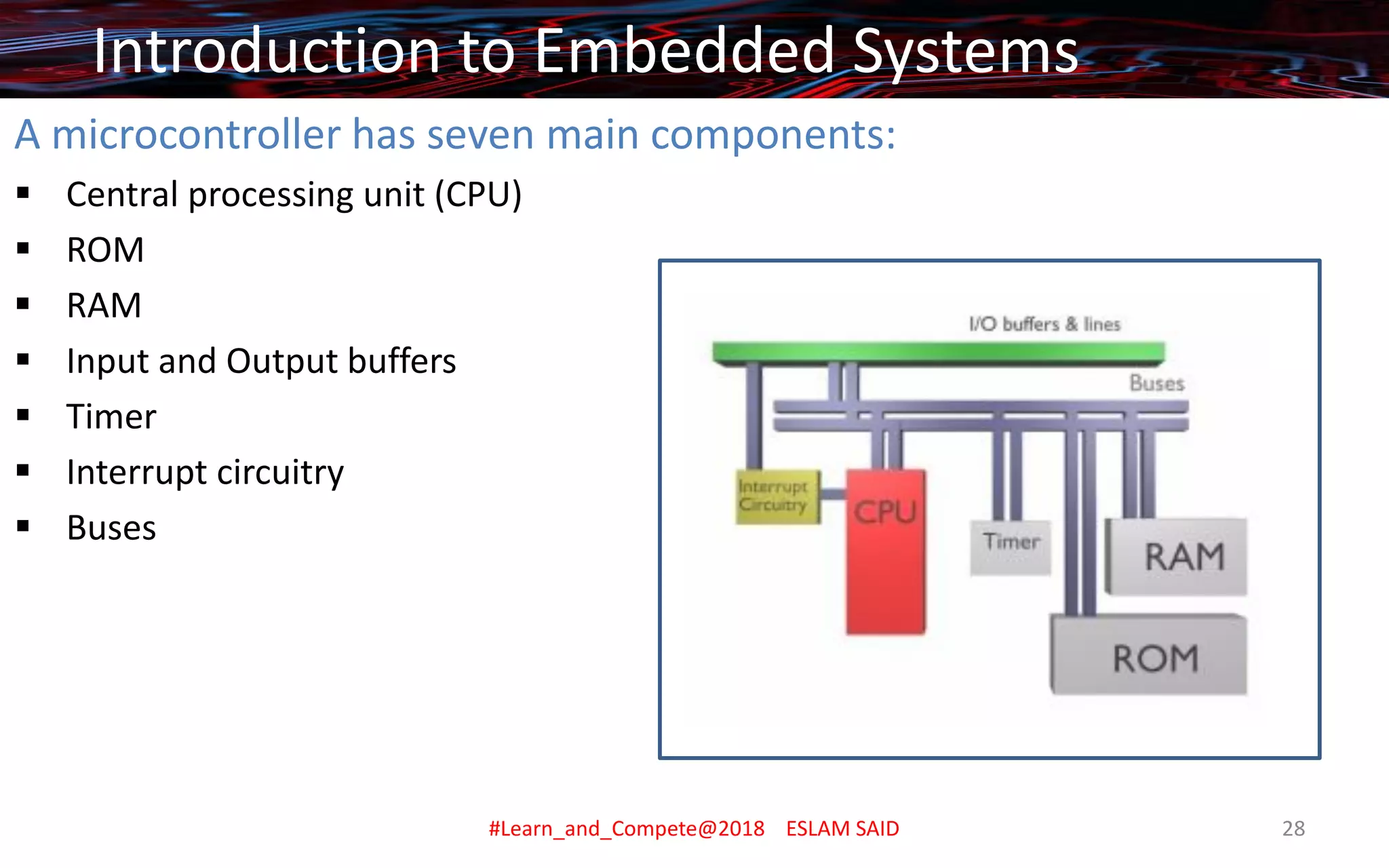 A microcontroller has seven main components:
▪ Central processing unit (CPU)
▪ ROM
▪ RAM
▪ Input and Output buffers
▪ Timer
▪ Interrupt circuitry
▪ Buses
Introduction to Embedded Systems
#Learn_and_Compete@2018 ESLAM SAID 28
 
