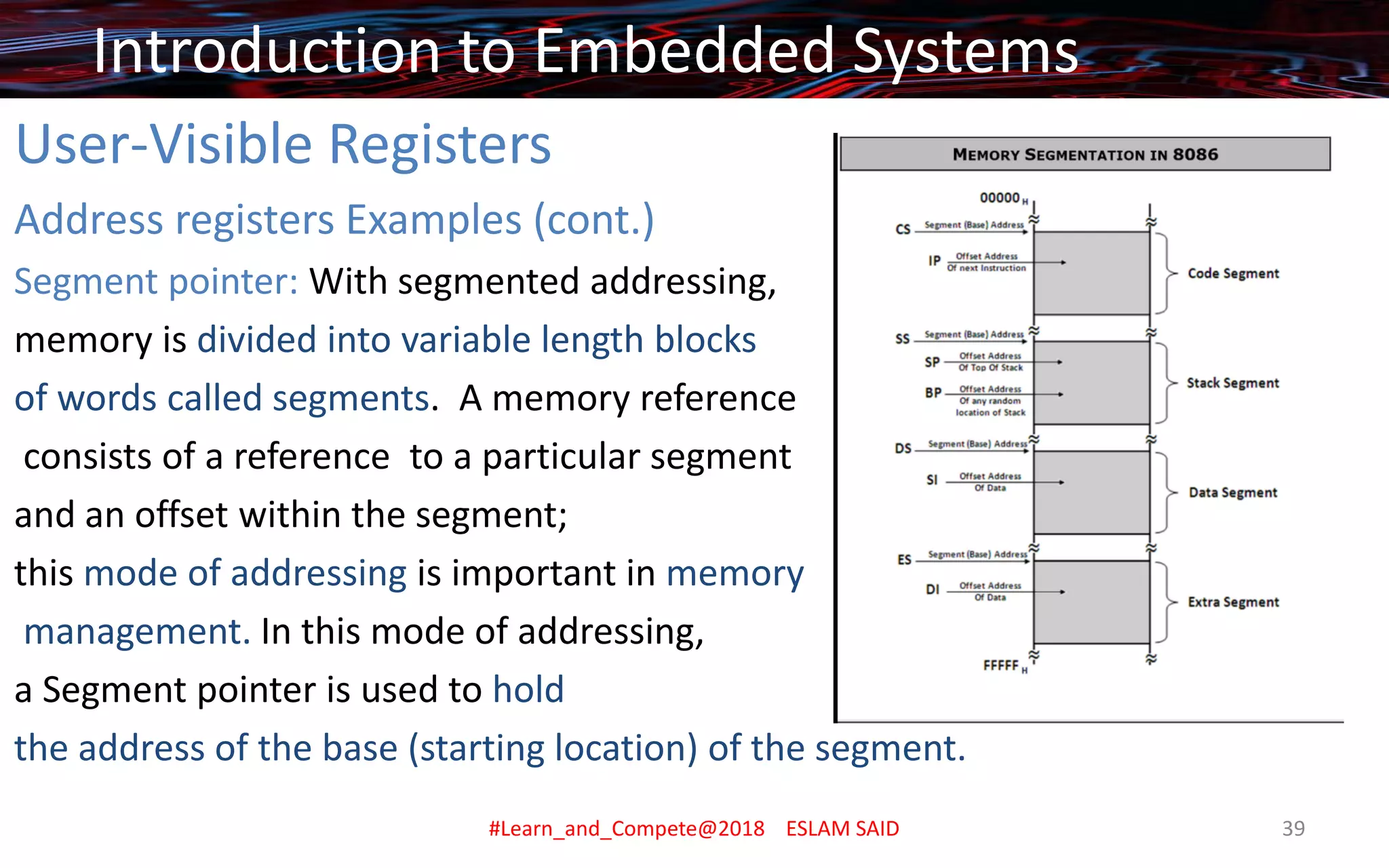 User-Visible Registers
Address registers Examples (cont.)
Segment pointer: With segmented addressing,
memory is divided into variable length blocks
of words called segments. A memory reference
consists of a reference to a particular segment
and an offset within the segment;
this mode of addressing is important in memory
management. In this mode of addressing,
a Segment pointer is used to hold
the address of the base (starting location) of the segment.
Introduction to Embedded Systems
#Learn_and_Compete@2018 ESLAM SAID 39
 