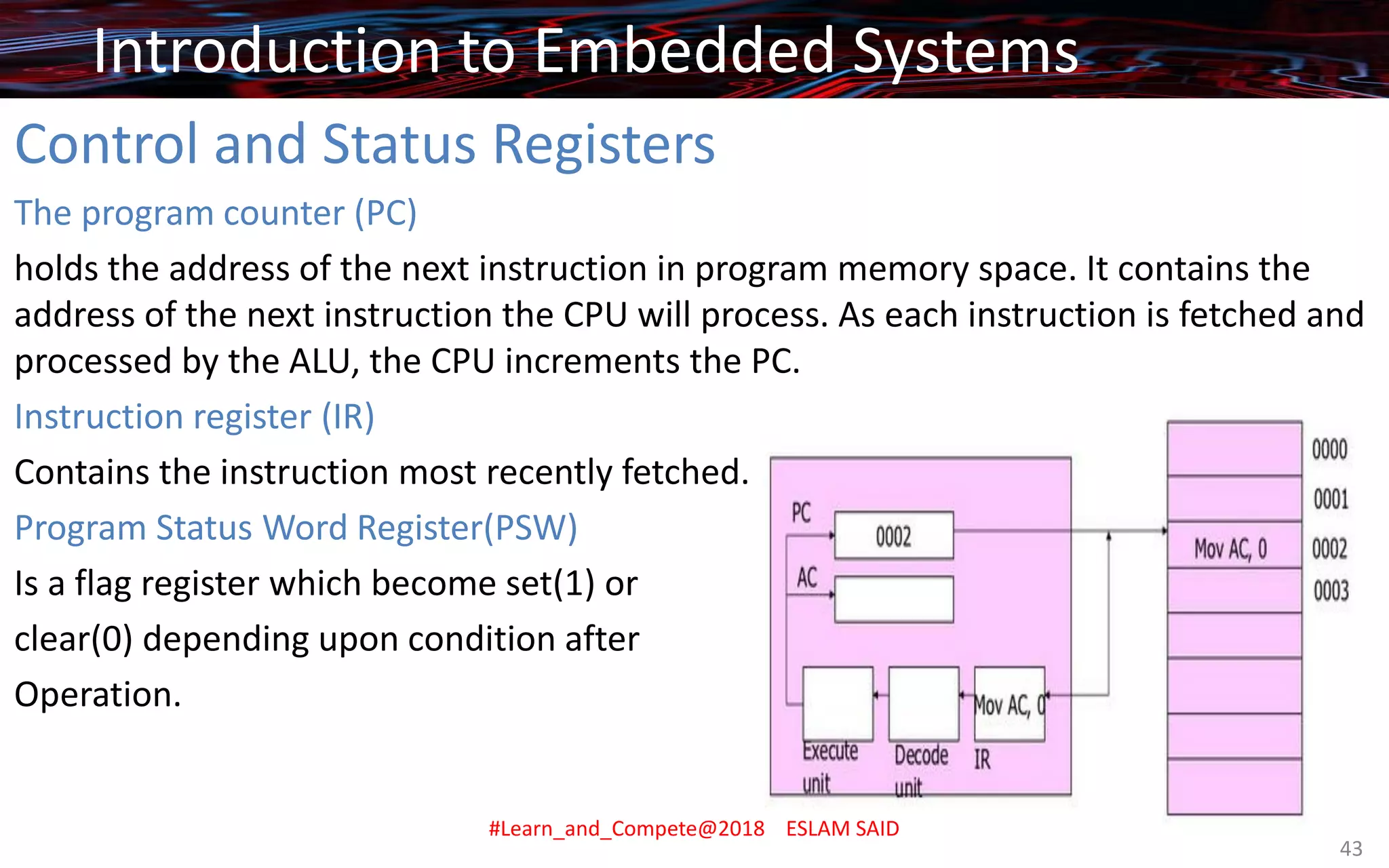 Control and Status Registers
The program counter (PC)
holds the address of the next instruction in program memory space. It contains the
address of the next instruction the CPU will process. As each instruction is fetched and
processed by the ALU, the CPU increments the PC.
Instruction register (IR)
Contains the instruction most recently fetched.
Program Status Word Register(PSW)
Is a flag register which become set(1) or
clear(0) depending upon condition after
Operation.
Introduction to Embedded Systems
#Learn_and_Compete@2018 ESLAM SAID
43
 